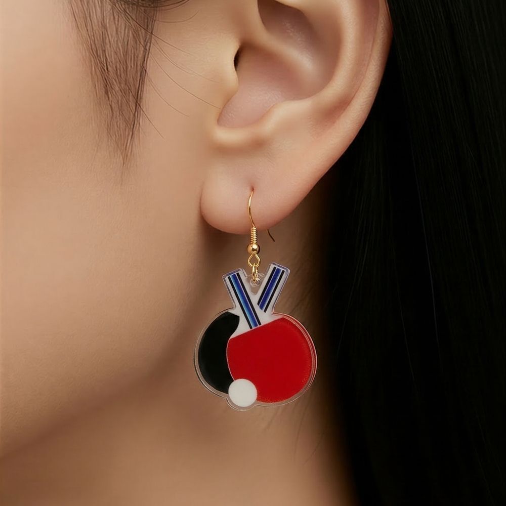 Red Black Ping Pong Paddle & Ball Dangle Earrings Table Tennis Acrylic Drops